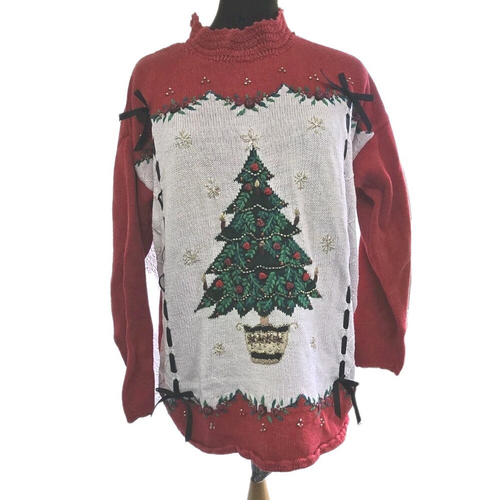 Beldoch Popper Red Vintage Ugly Christmas Sweater Pretty Chunky Knit Tree Bow Lg